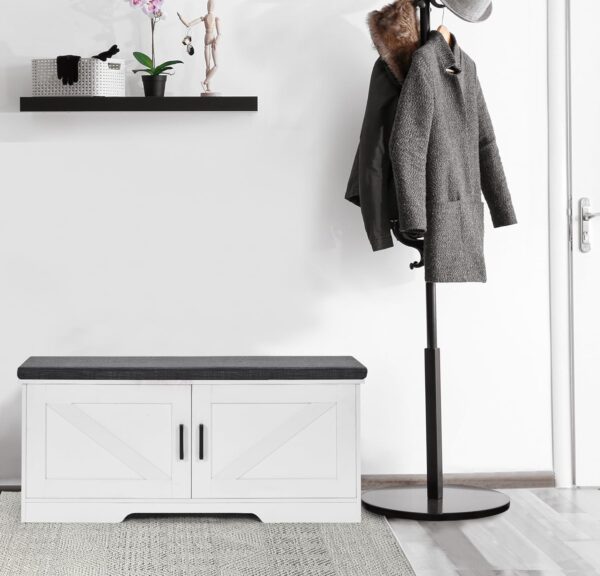 HOMSHO 2-Tier Storage Bench - Shoe Bench with Padded Seat Cushion - Entryway Bench with 2 Barn Doors - Adjustable Shelf - 39.4" L x 13.8" W x 17.7" H - Ideal for Entryway, Living Room, Bedroom - White 3