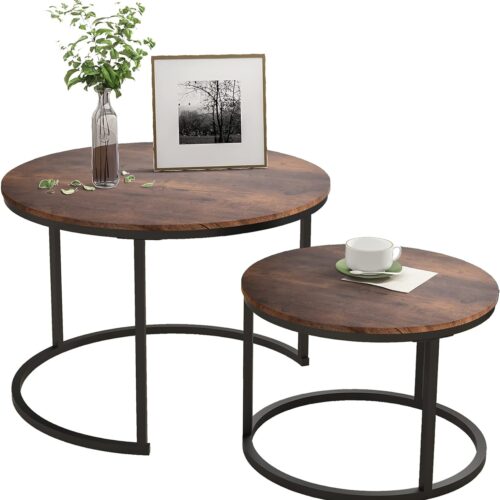 HOJINLINERO Industrial Round Coffee Table Set of 2 - End Table for Living Room - Stacking Side Tables - Sturdy and Easy Assembly - Wood Look Accent Furniture with Metal Frame - Black + Rustic Brown