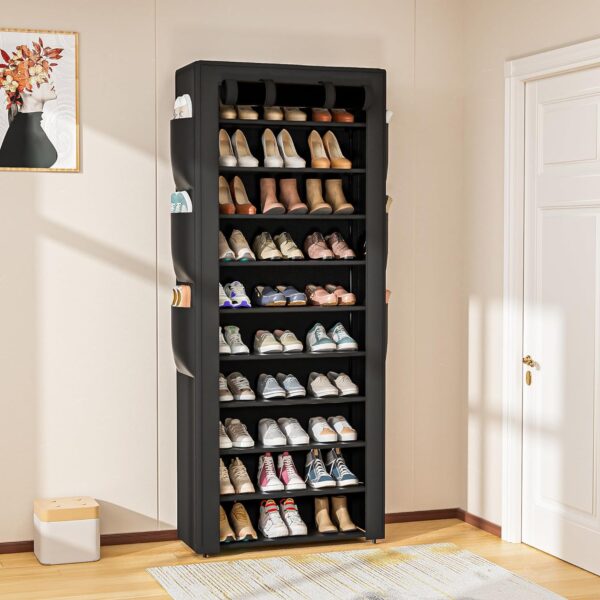 OYREL Large Shoe Rack - Black - 6 Side Pockets - 23.6" Wide x 11.4" Deep x 68.9" Tall - Holds 36-41 Pairs of Shoes 3