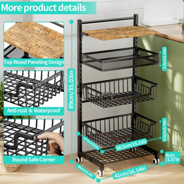 HapiRm 5 Tier Fruit Basket Kitchen Storage Cart - Adjustable Fruit and Vegetable Basket - Wooden Top Table Fruit Rack - Snack Cart with Wheels - Metal Mesh and Wire Storage Basket for Onions and Potatoes 3