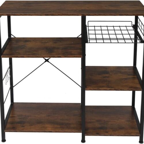 Susici Kitchen Microwave Stand Cart with 5 Hooks - 3-Tier Industrial Baker's Rack with Storage - Steel Frame Microwave Ovens Stand Storage Cart - Coffee Bar Workstation Shelf for Kitchen Office