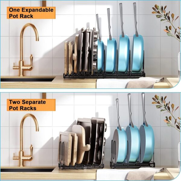 ORDORA Pots and Pans Organizer Rack - Expandable Cutting Board and Pot Lid Holder with 10 Adjustable Dividers - Kitchen Cabinet Storage and Organization 3
