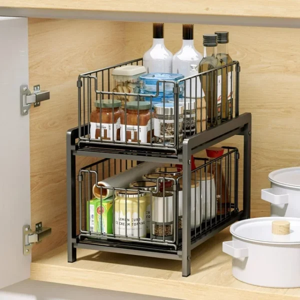 2 Tier Stackable Sliding Basket Under Sink Storage - Pull Out Organizer Drawer for Kitchen Bathroom 3
