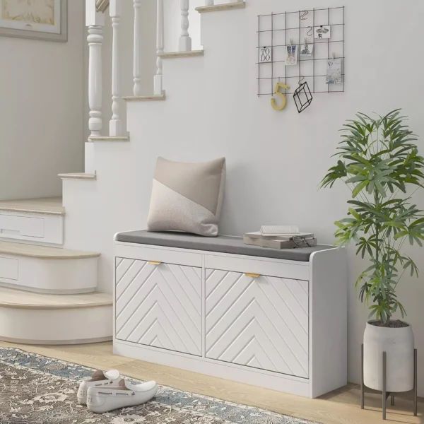 Shoe Bench - Entryway Bench with 2 Flip Drawers, Seating Cushion, and 2 Vents 2
