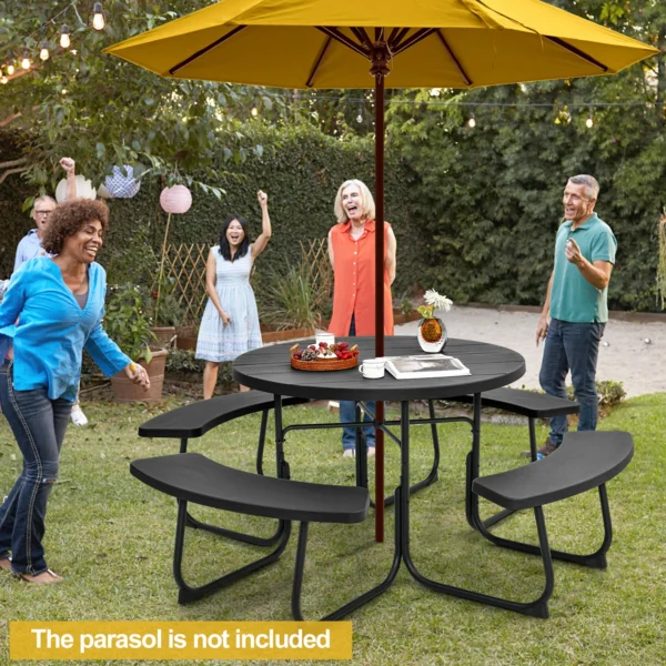 Costway Outdoor 8-person Round Picnic Table Bench Set with 4 Benches & Umbrella Hole - Black 2