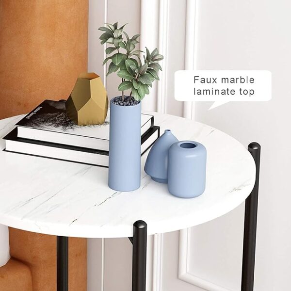 Faux Marble End Table - White Black Side Table - Marble Nightstand for Living Room or Bedroom - Modern Accent Table with Black Metal Frame 2