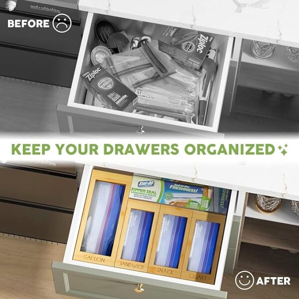 DALSHABET Bamboo Storage Bag Organizer for Kitchen Drawer - 4 Separate Food Storage Bag Organizer - 12x14 Baggie Organizer Dispenser for All Brands Gallon, Snack, Sandwich & Quart Slider Bags - Beige 2