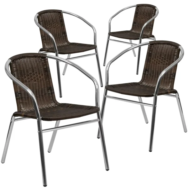Flash Furniture 4 Pack Commercial Aluminum and Dark Brown Rattan Indoor-Outdoor Restaurant Stack Chair 2