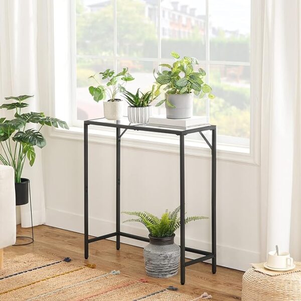 MAHANCRIS 27" Narrow Console Table, Tempered Glass Entryway Table with Metal Frame, Adjustable Feet, Industrial Style for Entrance, Living Room, Hallway, Balcony - Black CTH68B01 2