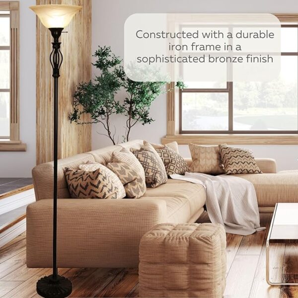 LIGHTACCENTS Bronze Floor Lamp with Alabaster Glass Bowl Shade - Torchiere Floor Lamp, Tall Traditional Iron Scrollwork Lamp for Living Room Decor 2