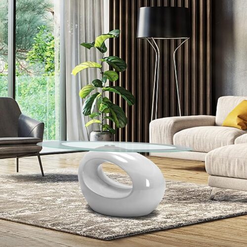COSVALVE Oval Glass Coffee Table Set - Contemporary Design for Living Room, Tempered Glass Top with Glossy Solid Base for Storage - White Sofa Side Center Table for Sitting Room