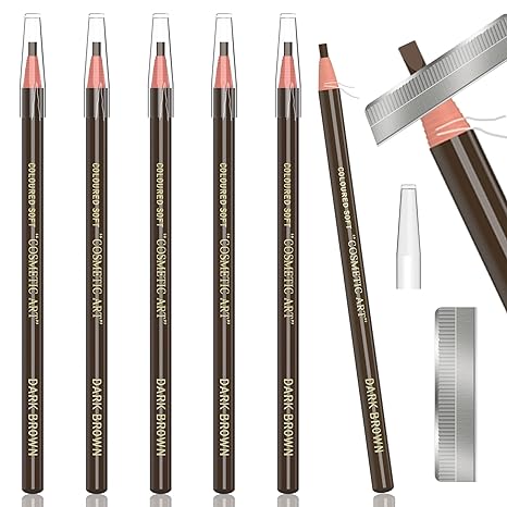 6 Piece Dark Brown Waterproof Eyebrow Pencil Tattoo Makeup and Microblading Supplies Kit - Permanent Eyebrow Liners in 5 Colors - Waterproof Eyebrow Pencils Peel - Brow Pencil Set for Marking