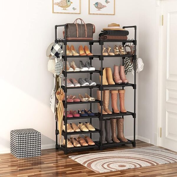ROJASOP Shoe Rack Organizer | 8-Tier Metal Shoe Rack for Closet, Entryway, Garage | Holds 26-32 Pairs of Shoes | Tall Shoe Boot Storage Shelf with 15 Hooks | Stackable Large Shoe Stand 2