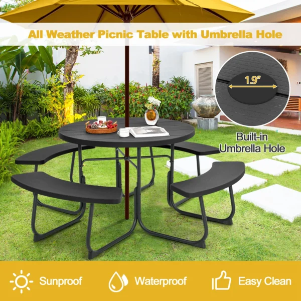 Costway Outdoor 8-person Round Picnic Table Bench Set with 4 Benches & Umbrella Hole - Black 3