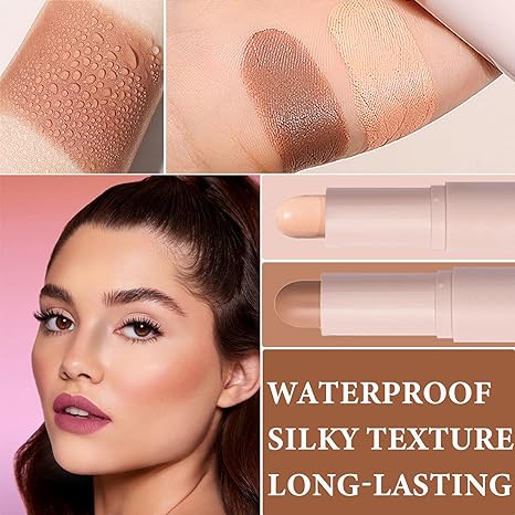 2 Color Dual-Ended Cream Contour Stick - Contour Bronzer Highlight Stick for Velvet Silky Smooth Highlighter Makeup - Waterproof Long-Wear Contour Stick Makeup for Women (Deep) 3