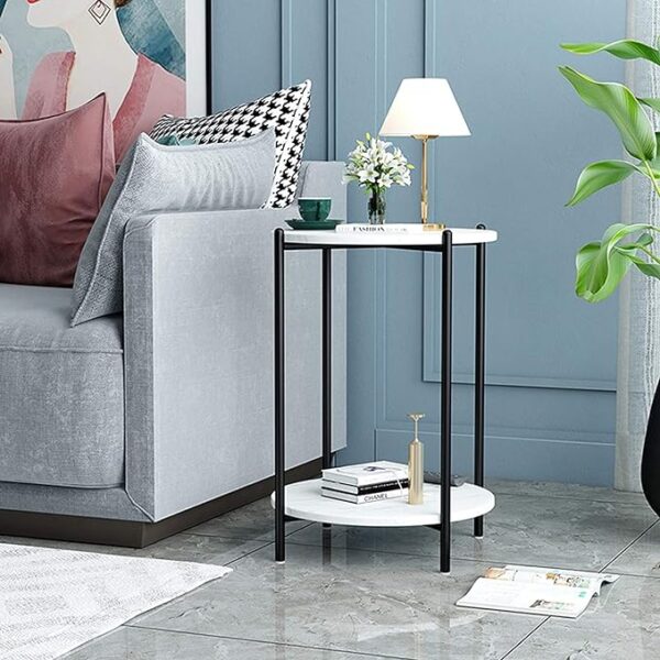Faux Marble End Table - White Black Side Table - Marble Nightstand for Living Room or Bedroom - Modern Accent Table with Black Metal Frame 3