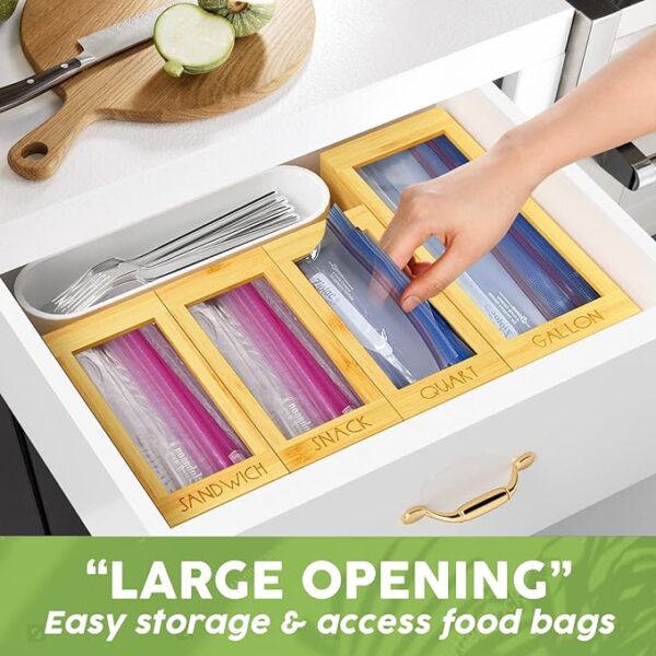 DALSHABET Bamboo Storage Bag Organizer for Kitchen Drawer - 4 Separate Food Storage Bag Organizer - 12x14 Baggie Organizer Dispenser for All Brands Gallon, Snack, Sandwich & Quart Slider Bags - Beige 3
