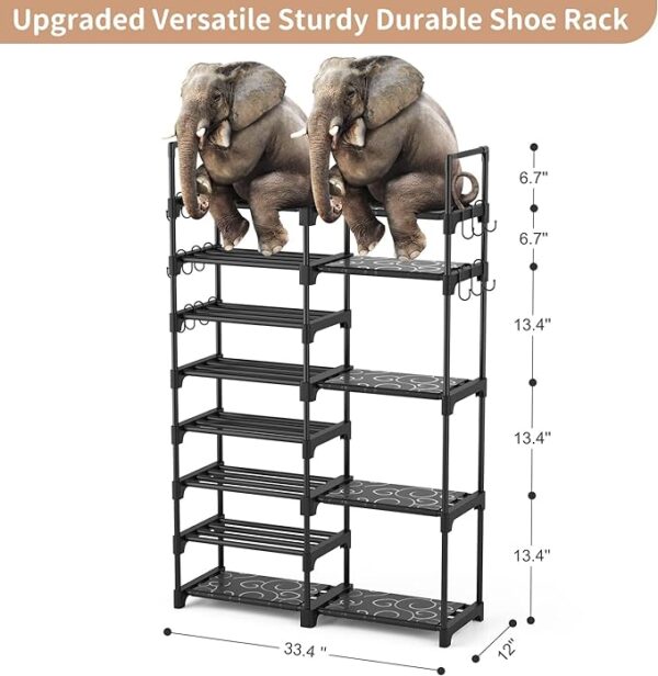 ROJASOP Shoe Rack Organizer | 8-Tier Metal Shoe Rack for Closet, Entryway, Garage | Holds 26-32 Pairs of Shoes | Tall Shoe Boot Storage Shelf with 15 Hooks | Stackable Large Shoe Stand 3