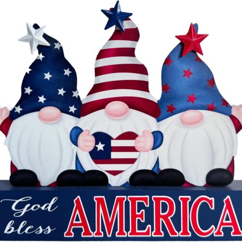July 4th Memorial Day Decoration Farmhouse Tiered Tray Sign for Home Independence Day, July 4th Patriotic Decor Gnomes American Flag Decorations, Gold Bless America Table Centerpiece