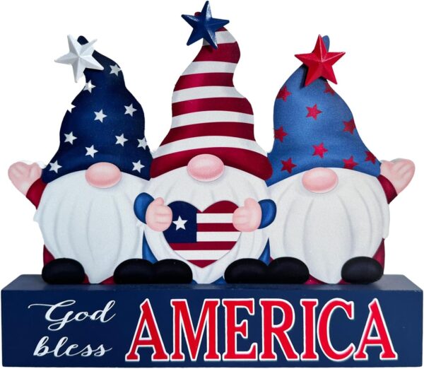 July 4th Memorial Day Decoration Farmhouse Tiered Tray Sign for Home Independence Day, July 4th Patriotic Decor Gnomes American Flag Decorations, Gold Bless America Table Centerpiece 1