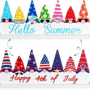 Memorial Day Summer Tiered Tray Decor: Metal Reversible Patriotic Table Block Sign Double Sided Hello Summer and Happy Fourth of July Tabletop Centerpiece Gnome Standing with Wooden Base