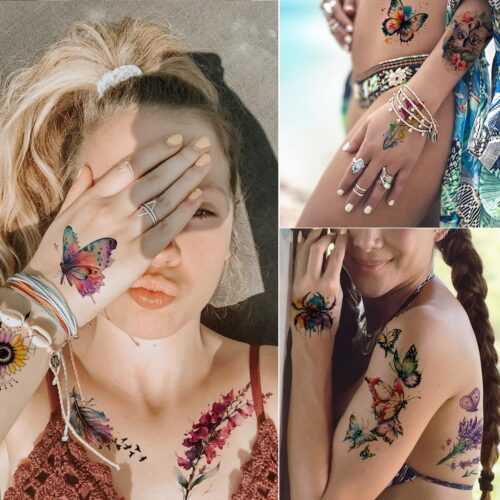 1 8 Sheets Large 3D Watercolor Temporary Tattoos For Women Girls-Colorful Flower Hummingbird Butterfly Realistic Long Lasting Fake Tattoo Stickers