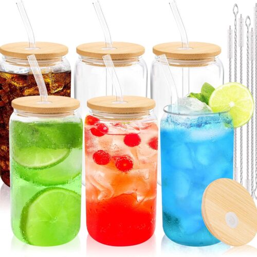 1 Glass Cups with Bamboo Lids and Straws 6 Set