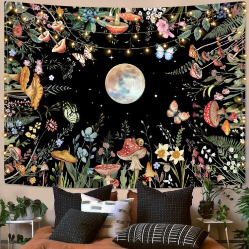 Moon Garden Tapestry Moonlit Green Plant Botanical Mushroom Flowers Tapestry Wall