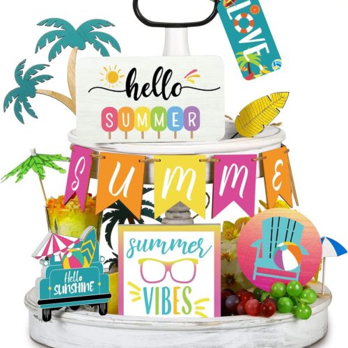11 Pieces Summer Hawaii Tiered Tray Decor Set Summer Wood Sign