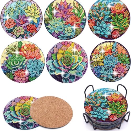 6pcs Succulent Plants Diamond Art Coasters Cactus Flowers Diamond Art