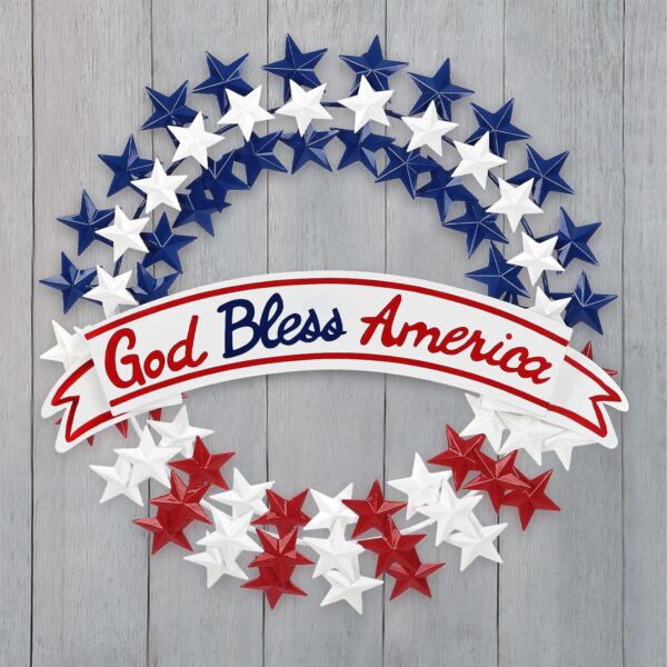 July Front Door Wreath, Metal Patriotic Wreath with God Bless America Banner Memorial Day Decor 2
