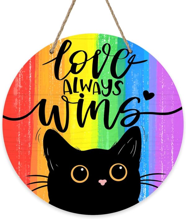 Rainbow Black Cat Lesbian Pansexual Wood Door Hanger Outdoor Outside Porch Decor 2