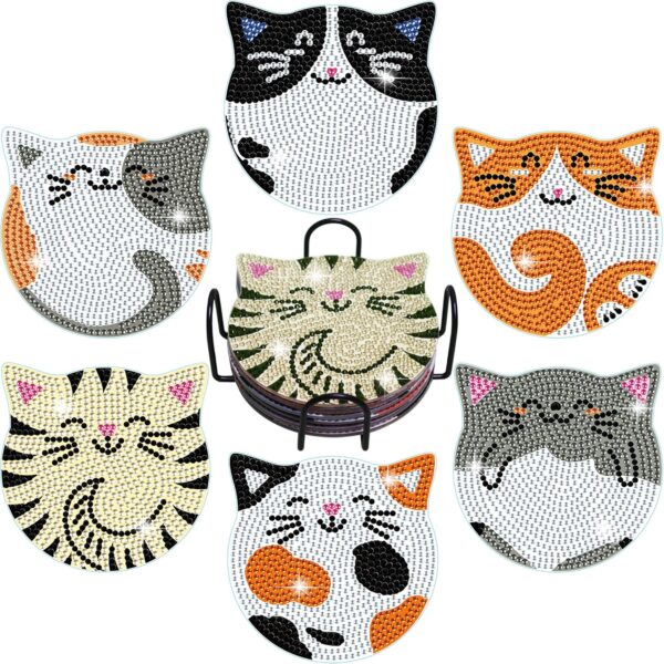Diamond Painting Coasters Kits, 6 Pcs Cat Diamond Art Coasters with Holder, Crafts Kits for DIY Coasters 2