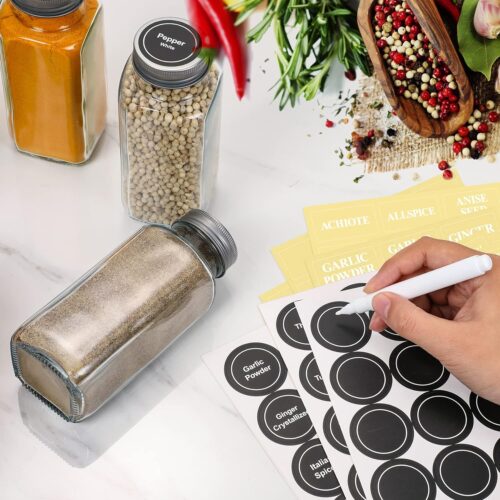 24 Pcs Glass Spice Jars with Spice Labels - 8oz Empty Square Spice Bottles - Shaker Lids and Airtight Metal Caps