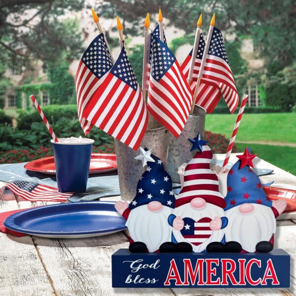 July 4th Memorial Day Decoration Farmhouse Tiered Tray Sign for Home Independence Day, July 4th Patriotic Decor Gnomes American Flag Decorations, Gold Bless America Table Centerpiece 4
