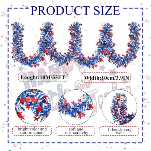 33FT 4th of July Patriotic Tinsel Garland Red White Blue Metallic Twist Foil Tinsel Garland