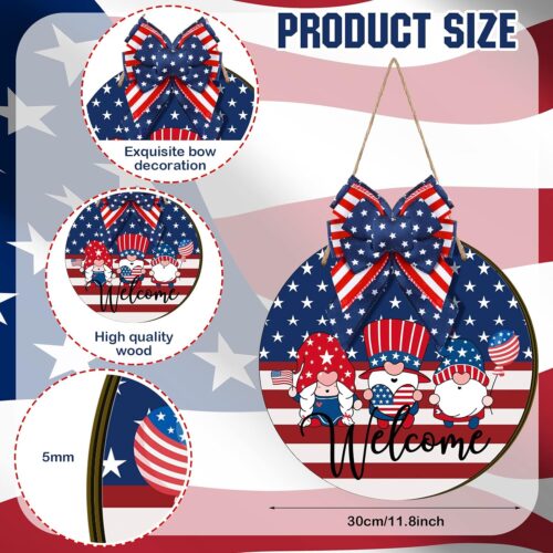 Welcome Gnome Door Sign Decoration Patriotic Bow Red White Blue Round Wood Hanging Wall Decor