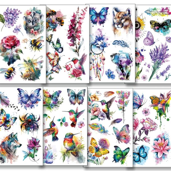 8 Sheets Large 3D Watercolor Temporary Tattoos For Women Girls-Colorful Flower Hummingbird Butterfly Realistic Long Lasting Fake Tattoo Stickers 4