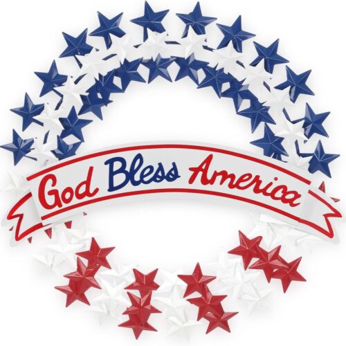July Front Door Wreath, Metal Patriotic Wreath with God Bless America Banner Memorial Day Decor