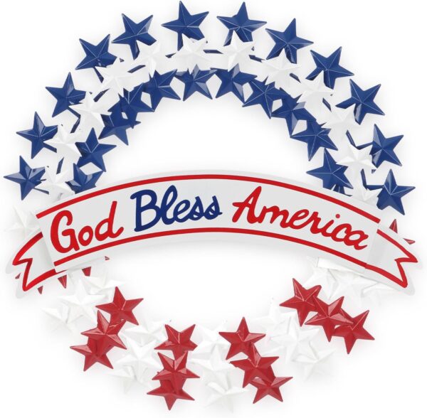 July Front Door Wreath, Metal Patriotic Wreath with God Bless America Banner Memorial Day Decor 1