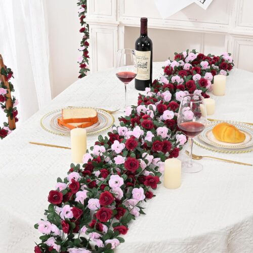 Wine Red and Pink Rose Floral Garland for Room Birthday Wedding Party Garden Wall Decor