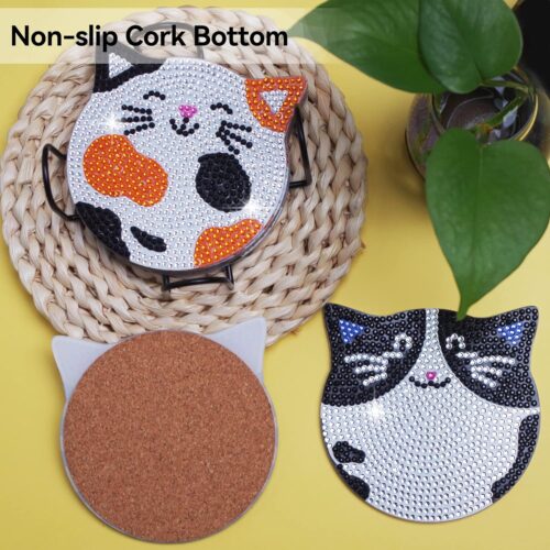 Diamond Painting Coasters Kits, 6 Pcs Cat Diamond Art Coasters with Holder, Crafts Kits for DIY Coasters