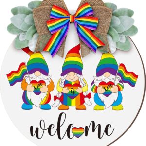 LGBT Gay Pride Day Wooden Hanging Door Sign Rainbow Gnome Welcome Sign Love is Love Wreath Sign Door Decoration with Bow for Gay Lesbian
