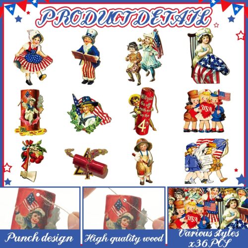 36 Pcs Memorial Day Decorations 4th of July Ornaments for Tree America Veterans Day Wooden Hanging Ornaments
