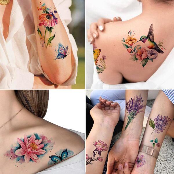 8 Sheets Large 3D Watercolor Temporary Tattoos For Women Girls-Colorful Flower Hummingbird Butterfly Realistic Long Lasting Fake Tattoo Stickers 2