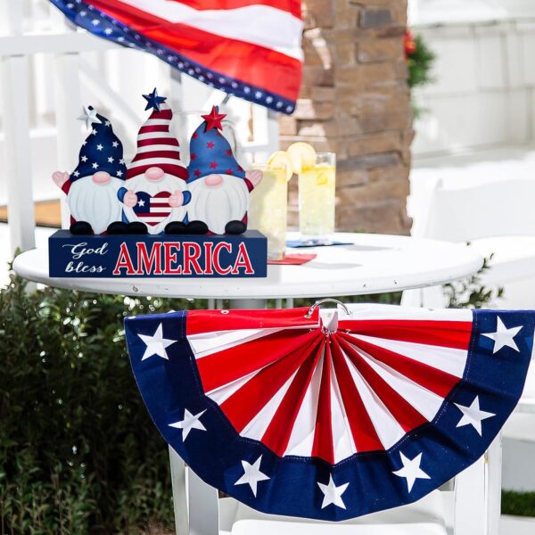 July 4th Memorial Day Decoration Farmhouse Tiered Tray Sign for Home Independence Day, July 4th Patriotic Decor Gnomes American Flag Decorations, Gold Bless America Table Centerpiece 2