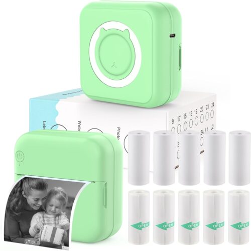 61661TE1PYL._AC_SL1500_ Mini Sticker Printer - Mini Pocket Printer for iPhone Thermal Printer with 10 Rolls Thermal Paper for Journal, Memo, Photo, Green