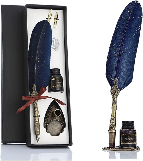 Vintage Carving Feather Pen Set, Glittering Quill Set Antique Calligraphy Writing Dip with Ink, 2 Replacement Nibs, Stand Base, Luxury Signature (Blue) 1