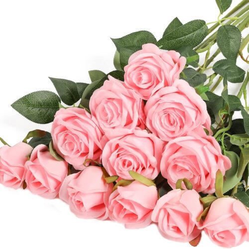 12PCS Artificial Silk Flowers Realistic Roses Bouquet Long Stem for Home Wedding Decoration Party (Pink)