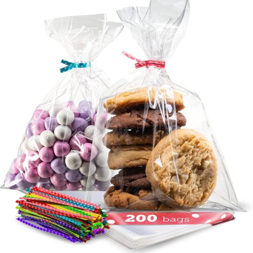 81GFjc0sdQL._AC_SL1500_ Prestee 200pk Clear Gift Bags for Favors, Cellophane Bags, 6x10 w/ 4" Twist Ties - Goodie Bags, Candy Bags, Cookie Bags for Gift Giving, Clear Treat Bags with Ties, Cellophane Treat Bags (200 Pack)